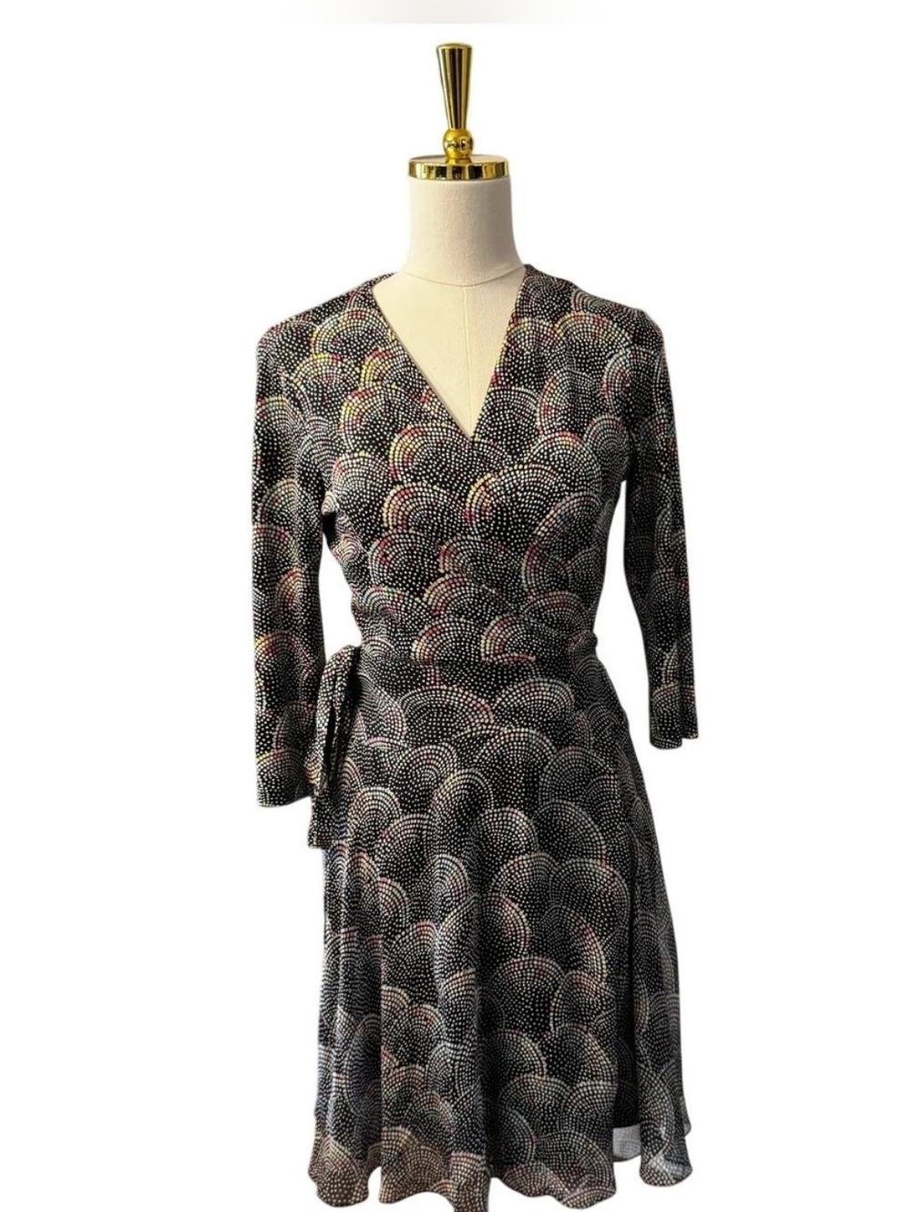 Diane Von Furstenberg Black Multi-Color Patterned Wrap Midi Dress